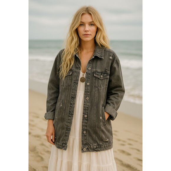 Highway Jeans Denim Black Jacket Women Size Large Distressed Oversized Long Coat - Picture 5 of 15